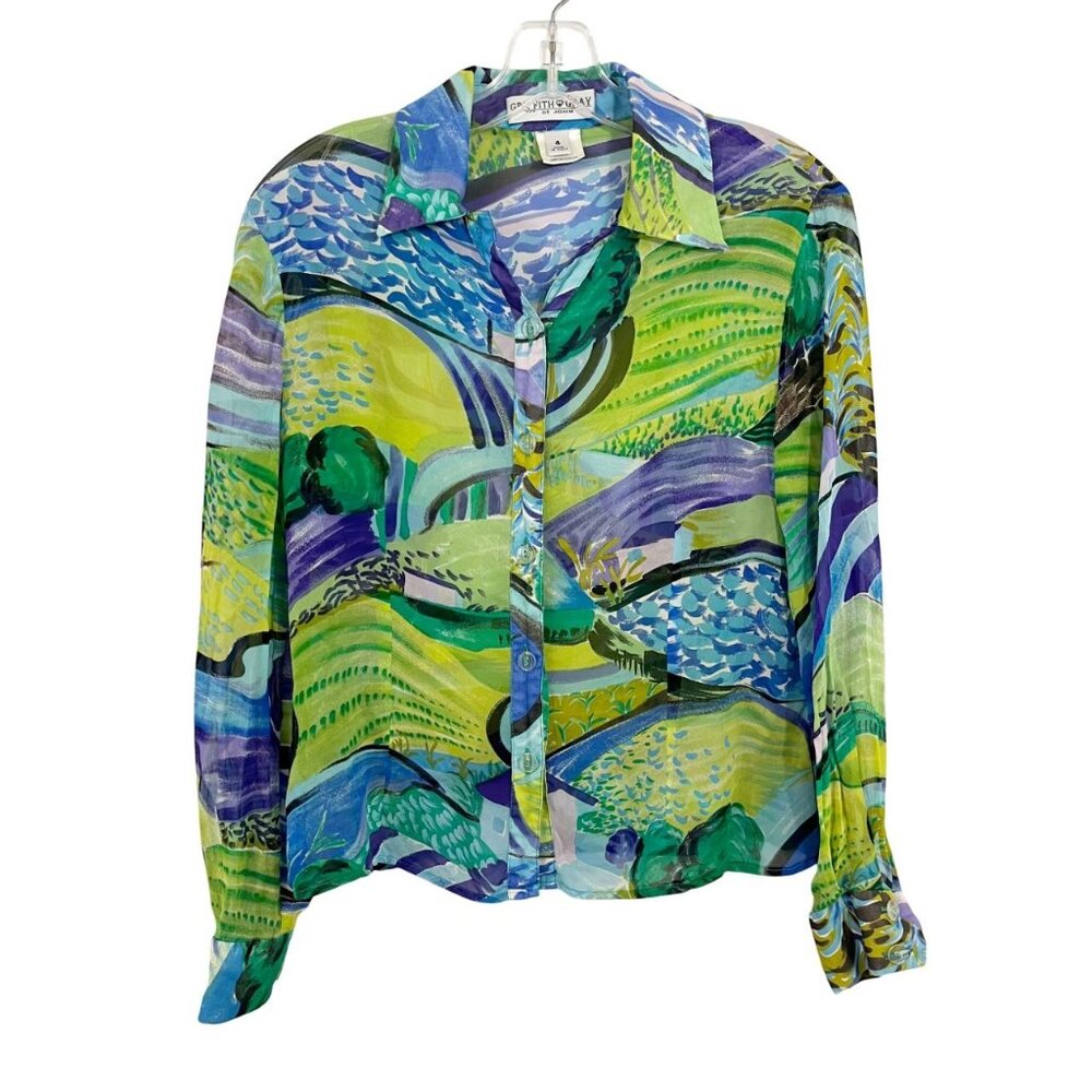 St. John Vibrant Wave-Print Silk Blouse — Green Blue Purple